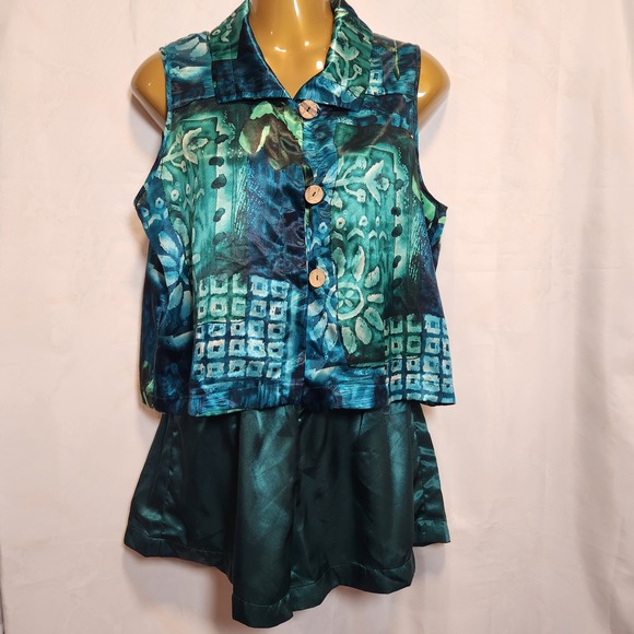 California Dynasty Sleepwear 2-Piece Set Women's M Green/Blue Tank Top‎ W/Shorts - Picture 1 of 12